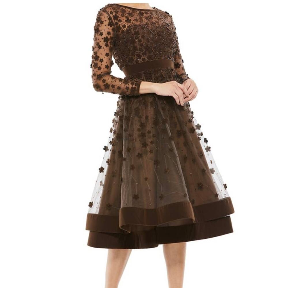 Mac Duggal Elegant Velvet Floral Cocktail Dress Illusion Neck Sz 16 Coffee
